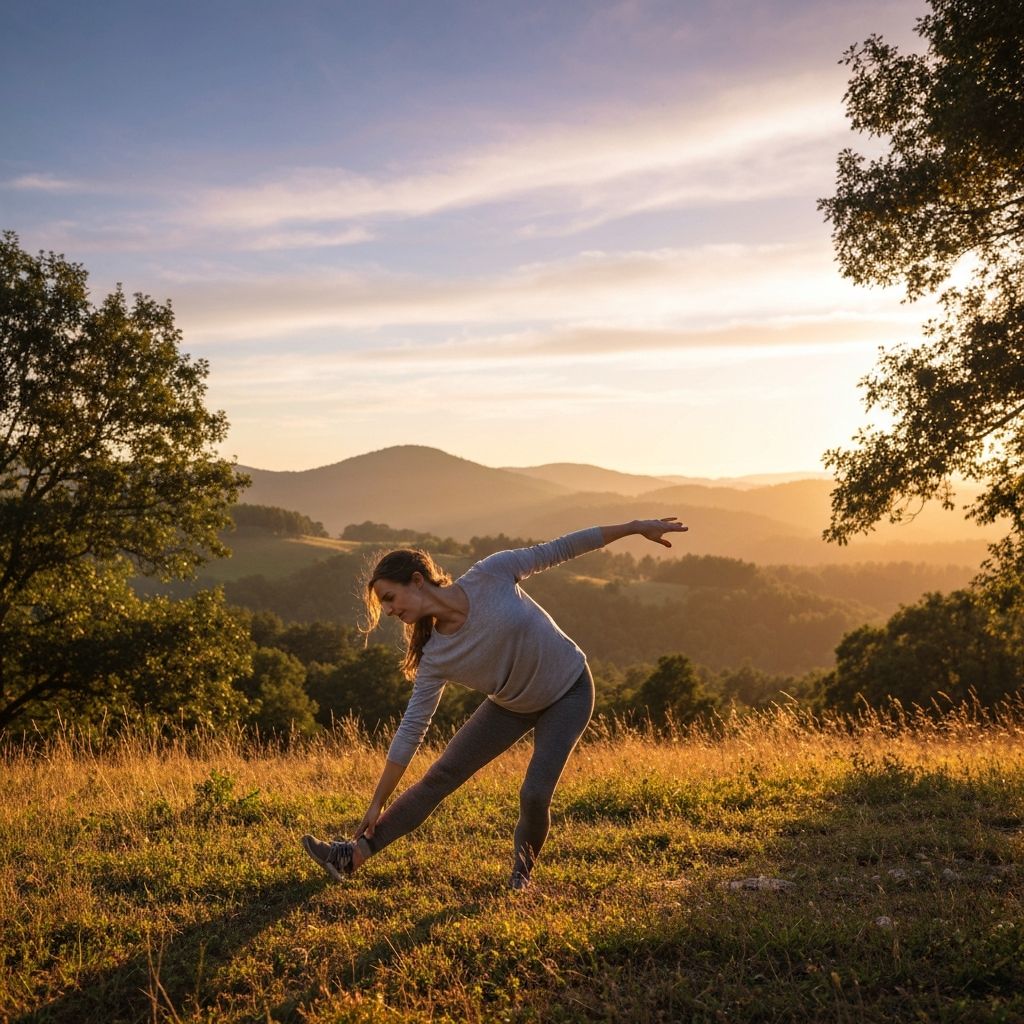 Person stretching in a peaceful natural setting